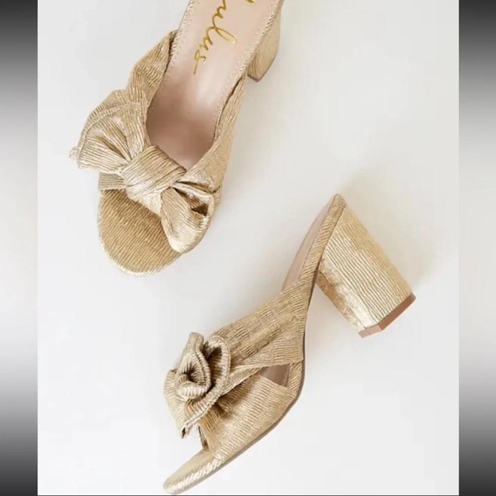 New Lulus Dorothea Metallic Rose Gold Bow Slip On Block Heel Size 10 - Picture 2 of 8